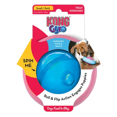 KONG Gyro Small, distributeur de friandises pour chiens jusqu’à 18 kg, texte visible : Dispenses food & treats, Spin me, Roll & Flip Action Engages Puppies, Dogs Need to Play.