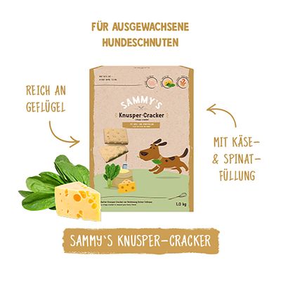 SAMMY'S Knusper-Cracker für ausgewachsene Hundeschnuten, reich an Geflügel, mit Käse- und Spinatfüllung, 1 kg Packung abgebildet.