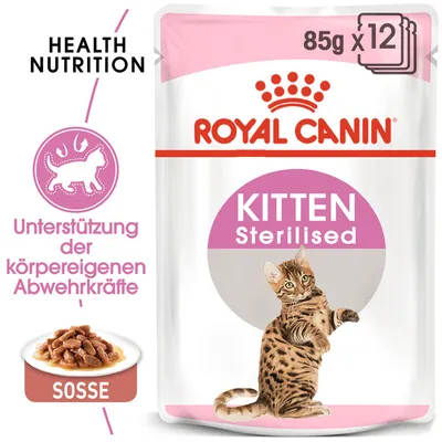 ROYAL CANIN KITTEN Sterilised, 85 g x 12. Health Nutrition. Unterstützung der körpereigenen Abwehrkräfte. SOSSE. Billede af killing på pakken. ROYAL CANIN KITTEN Sterilised, 85 g x 12. Health Nutrition. Unterstützung der körpereigenen Abwehrkräfte. SOSSE. Billede af killing på pakken.