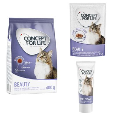 Concept for Life Beauty Katzenfutter, 400g Beutel und 85g Portionsbeutel. Für gesunde Haut, glänzendes Fell und Harnwegsgesundheit. Rabatt-Symbol sichtbar.