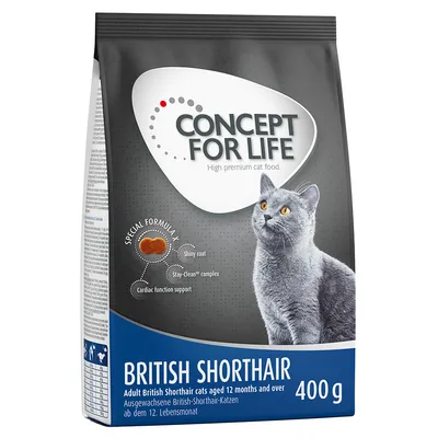 Sac de croquettes Concept for Life British Shorthair, 400 g, pour chats adultes British Shorthair dès 12 mois. Texte visible : Special Formula X, shiny coat, Stay-Clean complex, cardiac function support.
