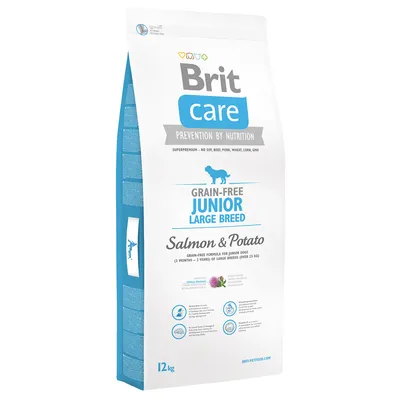 Brit Care Grain-Free Junior Large Breed Salmon & Potato, 12 kg. Text: Prevention by Nutrition, bez sóji, hovězího, vepřového, pšenice, kukuřice, GMO.