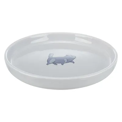 White ceramic bowl with blue cartoon cat in the centre, suitable for food or water.