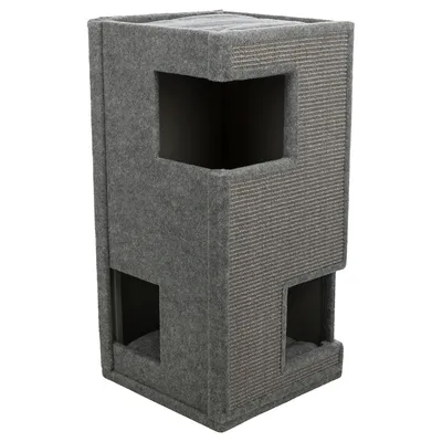 Grauer Kratzbaum mit zwei Öffnungen und einer seitlichen Kratzfläche aus Sisal. Rechteckige Form, geeignet für Katzen zum Spielen und Kratzen.