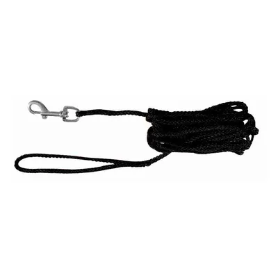 Schwarze Hundeleine aus geflochtenem Material mit Handschlaufe und Metallkarabinerhaken.