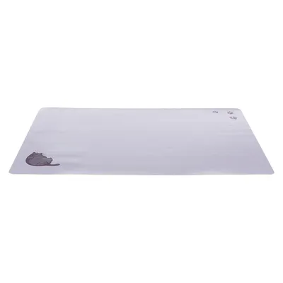 Purple mat with a sleeping cat in the corner and three paw prints in the top right.