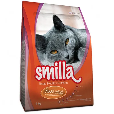 Smilla Finest Healthy Nutrition ADULT Geflügel, 4 kg. Slika sive mačke na pakiranju. Vidljiv tekst: für vitale Katzen ab dem 1. Lebensjahr mit normaler Bewegungsaktivität.