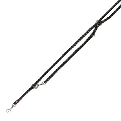 Black braided lead with two metal clips and three metal rings, shown against a white background. Material appears to be synthetic or leather. No visible brand name or text.