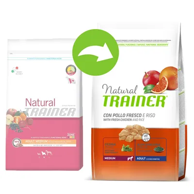 Стара и нова опаковка на Natural Trainer за кучета средни породи, видими надписи: ADULT MEDIUM, CON POLLO FRESCO E RISO, изображения на плодове и пилешко месо. Стара и нова опаковка на Natural Trainer за кучета средни породи, видими надписи: ADULT MEDIUM, CON POLLO FRESCO E RISO, изображения на плодове и пилешко месо.