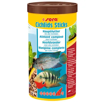 Sera Cichlids Sticks, Hauptfutter für alle Cichliden, 210 г. Изображение на две риби и гранулирана храна. Видим текст на няколко езика за основна храна за цихлиди. Sera Cichlids Sticks, Hauptfutter für alle Cichliden, 210 г. Изображение на две риби и гранулирана храна. Видим текст на няколко езика за основна храна за цихлиди.