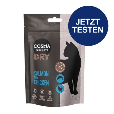 Cosma Pure Love Dry, Salmon and Chicken, luftgetrocknet, 100% getreidefrei, hoher Fleischanteil, frisches Fleisch, nur ausgewählte Zutaten. Jetzt testen.