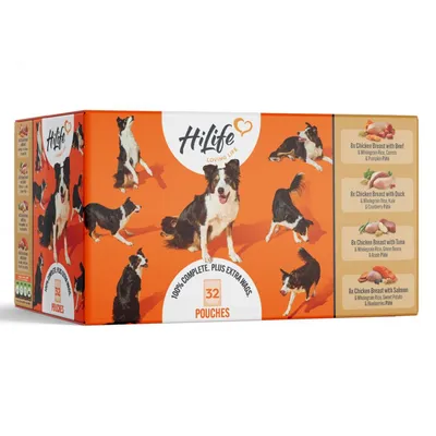 Box containing 32 pouches with four varieties: chicken breast with beef, duck, tuna or salmon, each with vegetables. Label states 100% complete. Product name HiLife Loving Life.