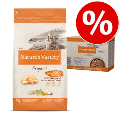 Nature's Variety Original Adult kattefoder med 630 g kylling som hovedingrediens. Pakke: 3 kg tørfoder og 12x85 g vådfoder med kylling, laks, kalkun og tun. Rabatmærke synligt. Nature's Variety Original Adult kattefoder med 630 g kylling som hovedingrediens. Pakke: 3 kg tørfoder og 12x85 g vådfoder med kylling, laks, kalkun og tun. Rabatmærke synligt.