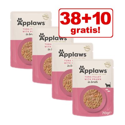 Applaws Tuna Fillet with Prawn in Broth kattenvoer, 70g zakjes. Actie: 38+10 gratis! 100% natural staat op de verpakking.