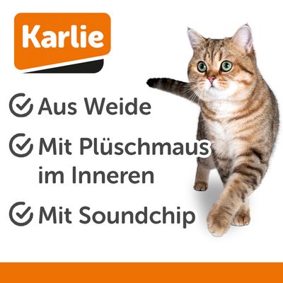 Spielzeugball aus geflochtenem Holz mit einer grauen Stoffmaus im Inneren.