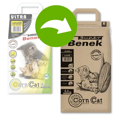 Benek Corn Cat Litter 4,4 kg kissanhiekka, kaksi erilaista pakkausta vierekkäin, vihreä nuoli osoittaa muutosta vanhasta uuteen pakkaukseen. Tekstit: natural, GMO free.