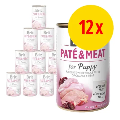 Lot de 12 boîtes Brit Paté & Meat for Puppy, pâté avec morceaux d’abats et viande, sans céréales, sans soja ni OGM, texte en anglais sur l’emballage. Lot de 12 boîtes Brit Paté & Meat for Puppy, pâté avec morceaux d’abats et viande, sans céréales, sans soja ni OGM, texte en anglais sur l’emballage.