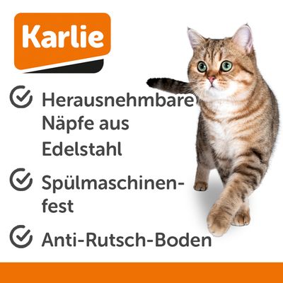 Gamelle pour chat en métal avec rebord antidérapant, illustration de tête de chat sur le devant.