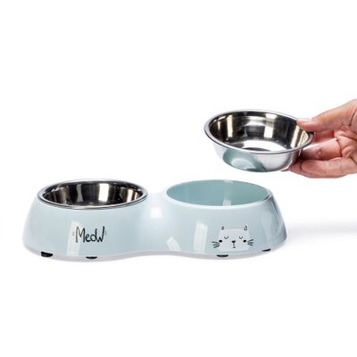 Doppia ciotola in acciaio inox con supporto verde chiaro, scritta 'Meow' e motivo gatto. Adatta per cibo e acqua.