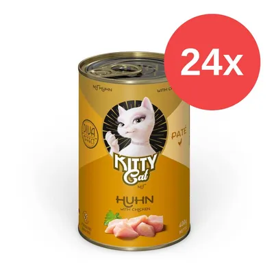 Kitty Cat Paté au poulet, Diva Effect, boîte de 400g. L'emballage montre des morceaux de poulet et un chat stylisé. Remarque : pack de 24. Kitty Cat Paté au poulet, Diva Effect, boîte de 400g. L'emballage montre des morceaux de poulet et un chat stylisé. Remarque : pack de 24.