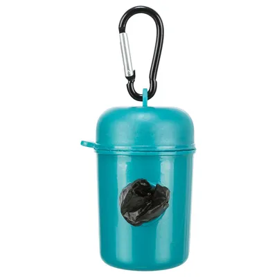 Distributeur de sacs à déjections en plastique bleu avec mousqueton noir et sac noir visible à l’ouverture frontale.