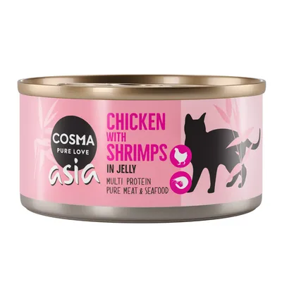 Cosma Asia Chicken with Shrimps w galarecie. Multi Protein, czyste mięso i owoce morza. Różowa puszka z czarną sylwetką kota oraz ikonami kurczaka i krewetek.