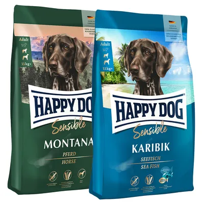 Happy Dog Sensible cibo secco per cani. Varianti: Montana con cavallo e Karibik con pesce di mare. Senza conservanti aggiunti, Made in Germany, adatto a cani da 11 kg.