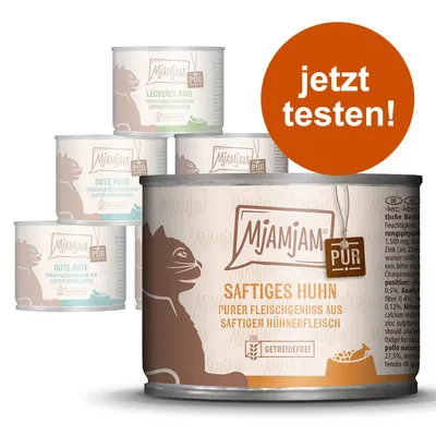 Mjamjam PUR Katzenfutter in Dosen: Saftiges Huhn, Leckeres Rind, Gute Pute. Getreidefrei. Jetzt testen!