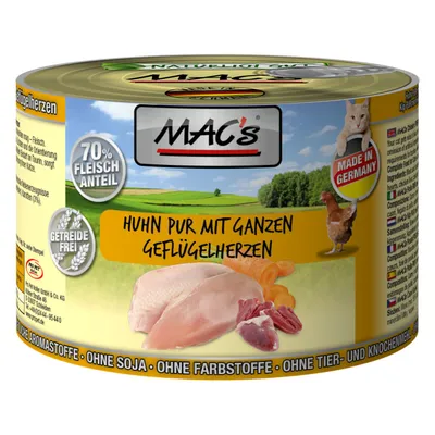 MAC's dåse med teksten 'Huhn pur mit ganzen Geflügelherzen', 70 % Fleischanteil, Getreidefrei, Made in Germany. Billeder af kyllingekød og hjerter. Uden soja, farvestoffer, aromastoffer.