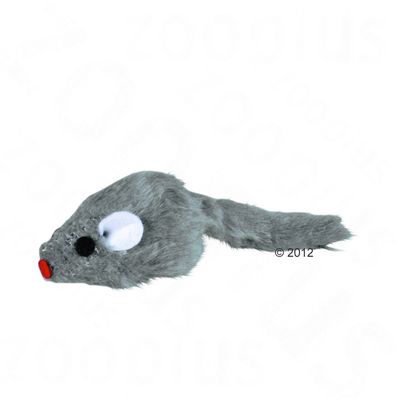 Jouet en forme de souris grise en tissu peluche, yeux blancs et noirs, nez rouge, queue longue. Aucun texte visible ni marque apparente.