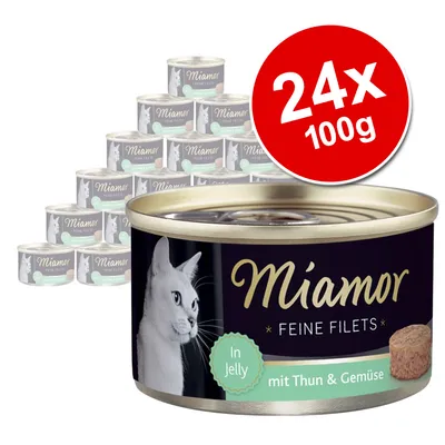 Miamor Feine Filets In Jelly mit Thun & Gemüse, 24 x 100g tins shown. Black label with white cat image and green text. Large red circle reads 24x 100g.