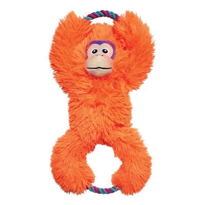 Plush toy in orangutan shape with orange fur and two colourful rope rings on hands and feet.