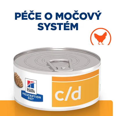 Konzerva Hill's Prescription Diet c/d, nápis Péče o močový systém, symbol kuřete. Viditelná část krmiva na etiketě.
