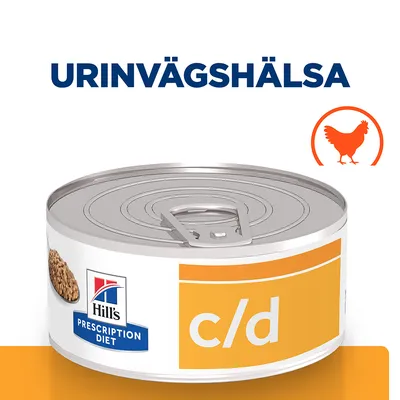 Hill's Prescription Diet c/d burk, texten URINVÄGSHÄLSA ovanför, orange kycklingsymbol synlig på vit bakgrund. Hill's Prescription Diet c/d burk, texten URINVÄGSHÄLSA ovanför, orange kycklingsymbol synlig på vit bakgrund.