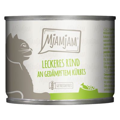 MjAMjAM Katzenfutter 6 x 200 g leckeres Rind an gedämpftem Kürbis