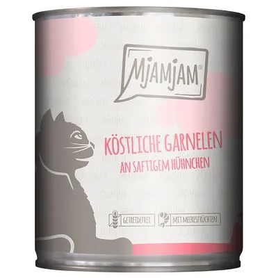 Mjamjam kattenvoer, tekst op blik: Köstliche Garnelen an saftigem Hühnchen. Pictogrammen: graanvrij, met zeevruchten. Tekst in het Duits.