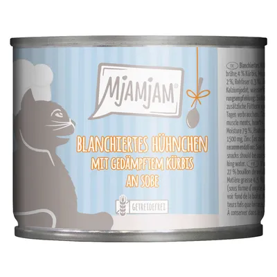 MjAMjAM. Blanchiertes Hühnchen mit gedämpftem Kürbis an Sosse, getreidefrei.
