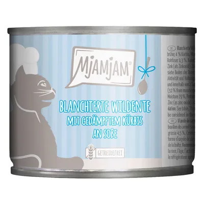 Mjamjam Nassfutter für Katzen: Blanchierte Wildente mit gedämpftem Kürbis an Sosse, getreidefrei. Mjamjam Nassfutter für Katzen: Blanchierte Wildente mit gedämpftem Kürbis an Sosse, getreidefrei.