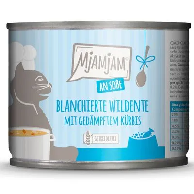 Mjamjam AN SOßE kattenvoer, opschrift: Blanchierte Wildente mit gedämpftem Kürbis, getreidefrei. Tekst in het Duits.