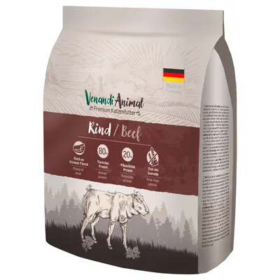 Venandi Animal Premium karma dla kotów, wołowina. Bogata w świeże mięso, 80% białka zwierzęcego, 20% białka roślinnego, bez zbóż. Wyprodukowano w Niemczech.