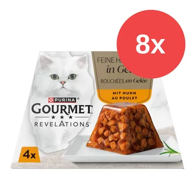 Purina Gourmet Revelations bocados en gelatina con pollo, paquete de 4 raciones. Símbolo rojo indica 8x. Purina Gourmet Revelations bocados en gelatina con pollo, paquete de 4 raciones. Símbolo rojo indica 8x.