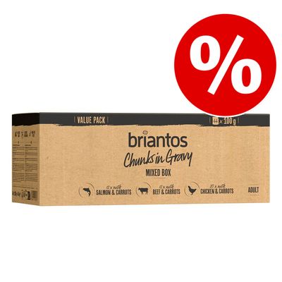 Briantos Chunks in Gravy Mixed Box, Value Pack mit 44 x 100 g: 12x Lachs & Karotten, 12x Rind & Karotten, 20x Huhn & Karotten. Für erwachsene Hunde. Rabatt-Symbol sichtbar.