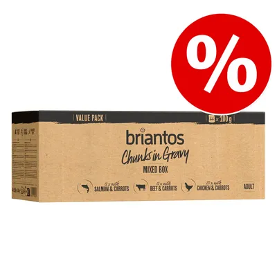 Briantos Chunks in Gravy Mixed Box, Value Pack mit 44 x 100 g: 12x Lachs & Karotten, 12x Rind & Karotten, 20x Huhn & Karotten. Für erwachsene Hunde. Rabatt-Symbol sichtbar.