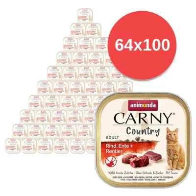 Animonda Carny Country Adult Rind, Ente + Rentier, balení 64×100 g. Na obalu je obrázek kočky a masa, viditelný text: 100% frische Zutaten, ohne Getreide & Zucker, mit Taurin. Animonda Carny Country Adult Rind, Ente + Rentier, balení 64×100 g. Na obalu je obrázek kočky a masa, viditelný text: 100% frische Zutaten, ohne Getreide & Zucker, mit Taurin.