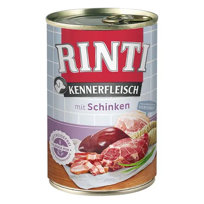 Konzerva Rinti Kennerfleisch mit Schinken, prikaz mesa i šunke na etiketi. Vidljiv tekst: getreidefrei, fleisch pur, ohne kohlenhydrate, zusammenstellung verfeinert.