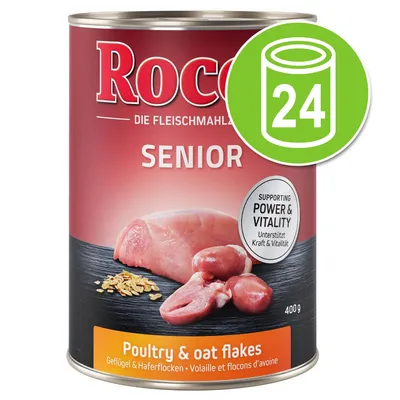 Rocco Senior blikvoer, 400 g, smaak poultry & oat flakes. Tekst: Supporting Power & Vitality. Verpakking toont vlees en haver. Groen pictogram met 24 blikken.
