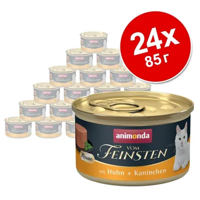 24 консерви Animonda Vom Feinsten Mousse mit Huhn + Kaninchen, 85 г. Видима котка и текст на немски език върху опаковката.