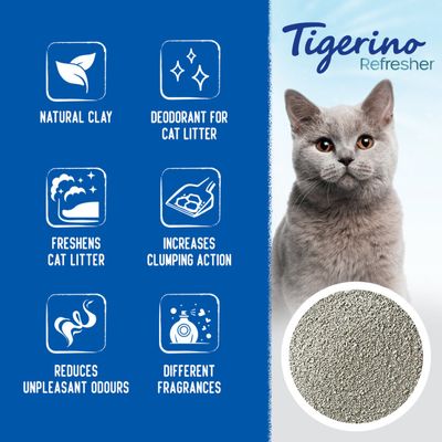 Tigerino Refresher, natural clay. Tekst na engleskom: deodorant for cat litter, freshens cat litter, increases clumping action, reduces unpleasant odours, different fragrances.