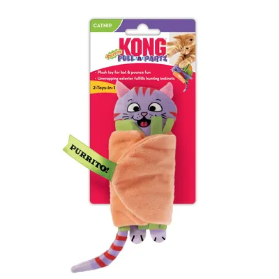 KONG Pull-A-Partz Purrito. Plush toy with catnip, 2 toys in 1, encourages hunting instincts with removable outer fabric.