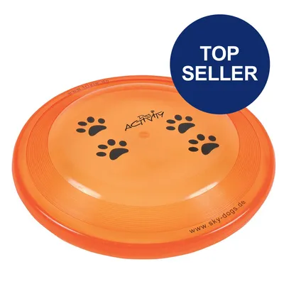 Orangefarbene Frisbee mit Pfotenabdrücken und der Aufschrift 'Dog Activity'. Text 'Top Seller' in blauem Kreis sichtbar. Orangefarbene Frisbee mit Pfotenabdrücken und der Aufschrift 'Dog Activity'. Text 'Top Seller' in blauem Kreis sichtbar.